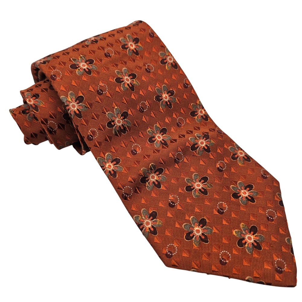 Ermenegildo Zegna Silk Jacquard Tie Rust Orange Floral Italy Designer Luxury 90s